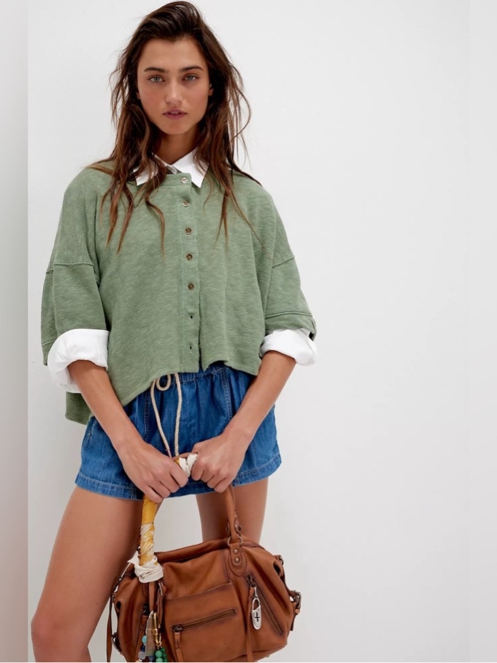 We The Free Flashback Cardi Tee Rare Green Oversized Button Up Textured Cotton